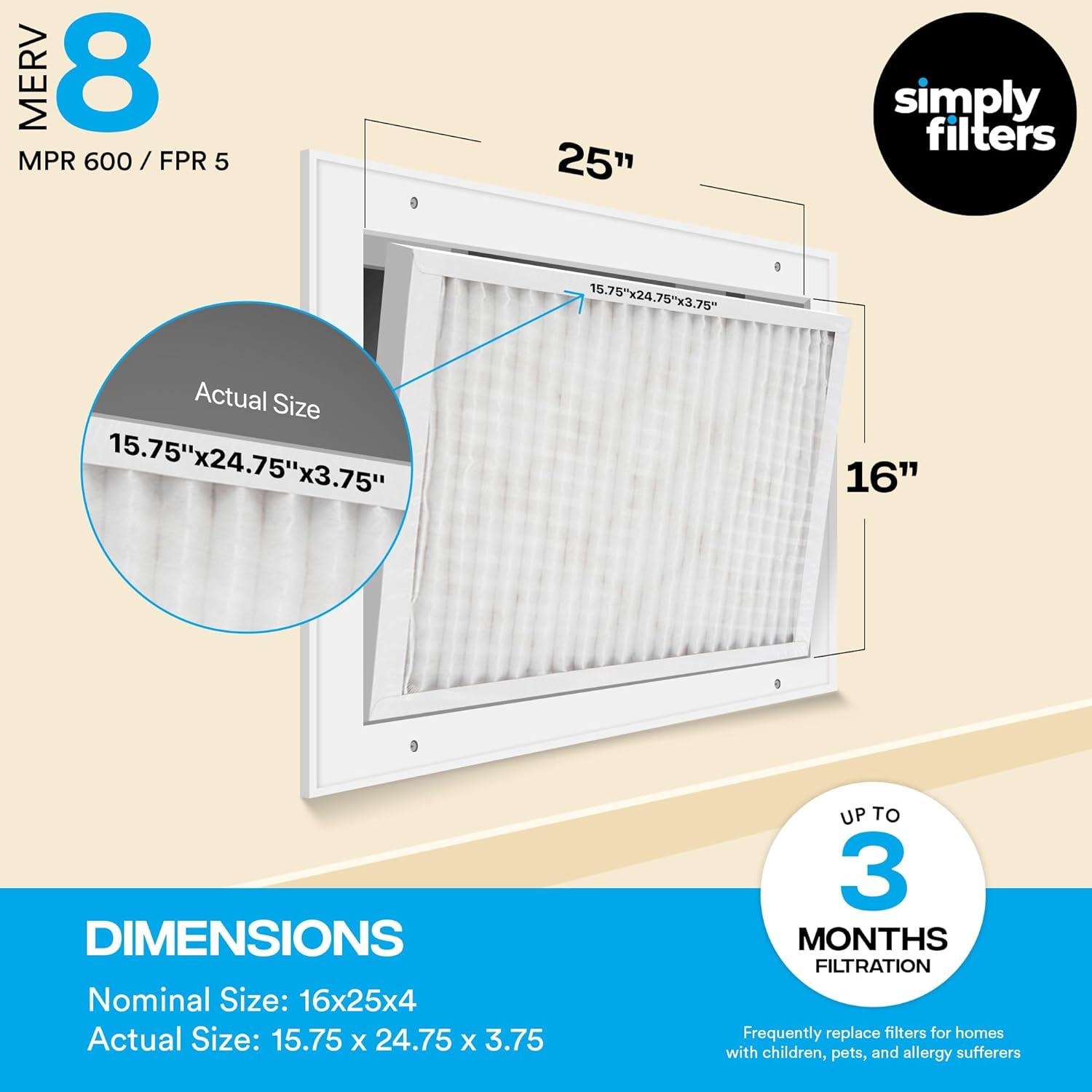 imageSimply 16x25x4 Air Filter MERV 11 MPR 1000 1 Pack For Home AC Furnace ampamp HVAC Actual Size 1575quotx2475quotx375quot DUST Pet ampamp Allergy Control248 x 158 x 38