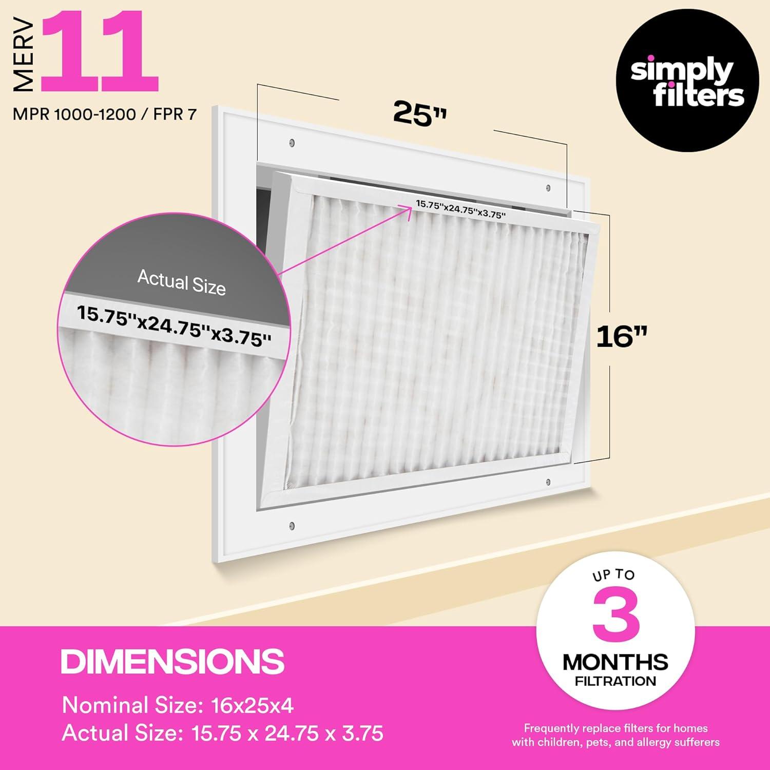 imageSimply 16x25x4 Air Filter MERV 11 MPR 1000 1 Pack For Home AC Furnace ampamp HVAC Actual Size 1575quotx2475quotx375quot DUST Pet ampamp Allergy Control248 x 158 x 38