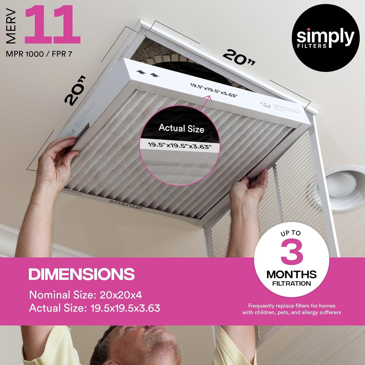 imageSimply 10x20x1 Air Filter MERV 11 MPR 1000 4 Pack Furnace Air Filter for HVAC Actual Size 975quotx1975quotx075quot DUST Pet ampamp Allergy Control20x20x4