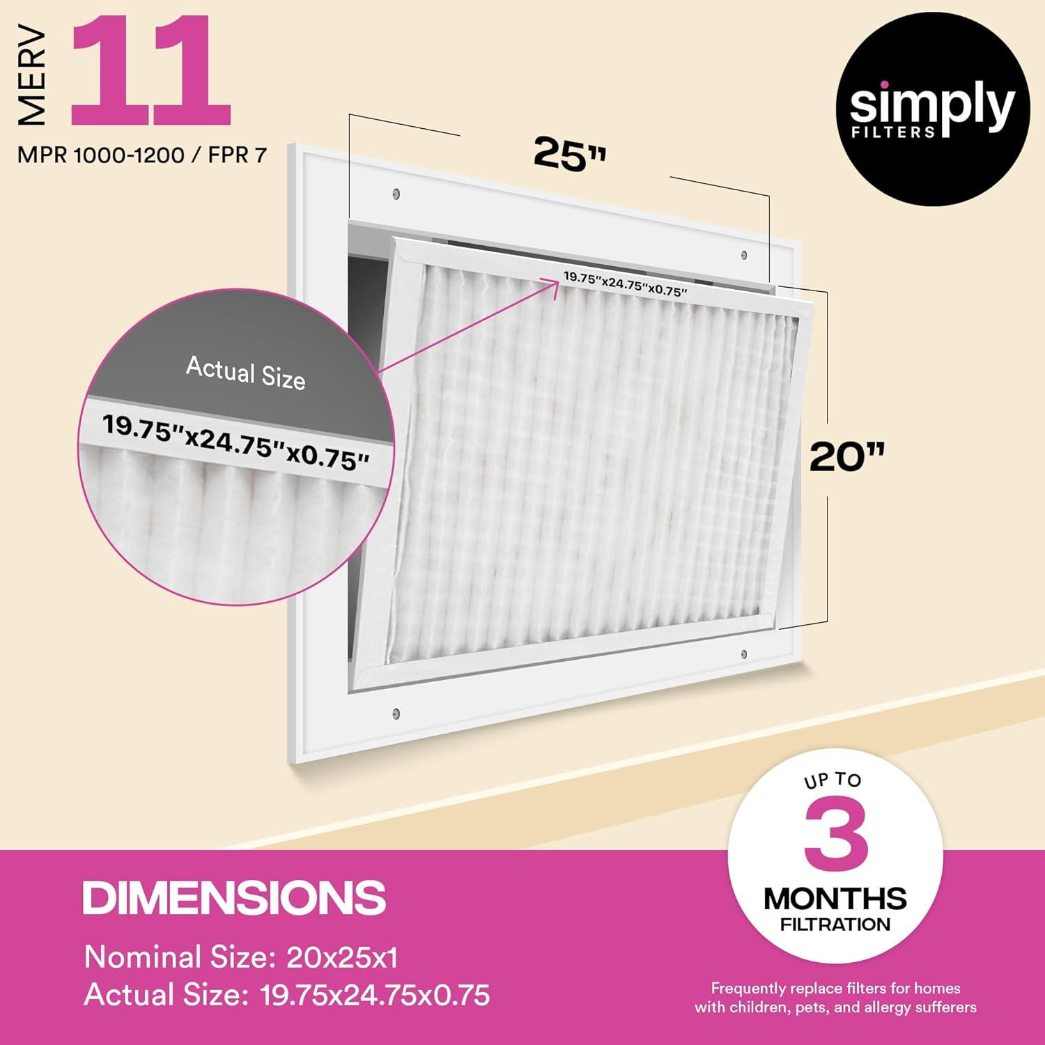 imageSimply 10x20x1 Air Filter MERV 11 MPR 1000 4 Pack Furnace Air Filter for HVAC Actual Size 975quotx1975quotx075quot DUST Pet ampamp Allergy Control20x25x1