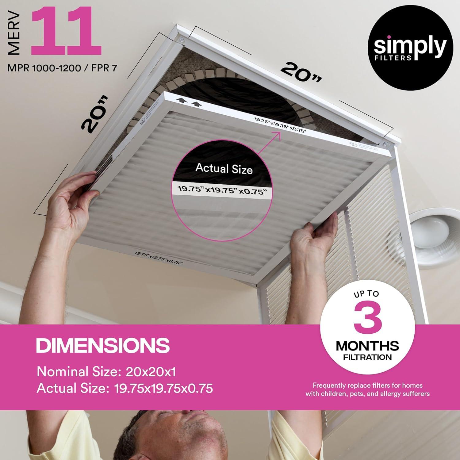 imageSimply 10x20x1 Air Filter MERV 11 MPR 1000 4 Pack Furnace Air Filter for HVAC Actual Size 975quotx1975quotx075quot DUST Pet ampamp Allergy Control20x20x1