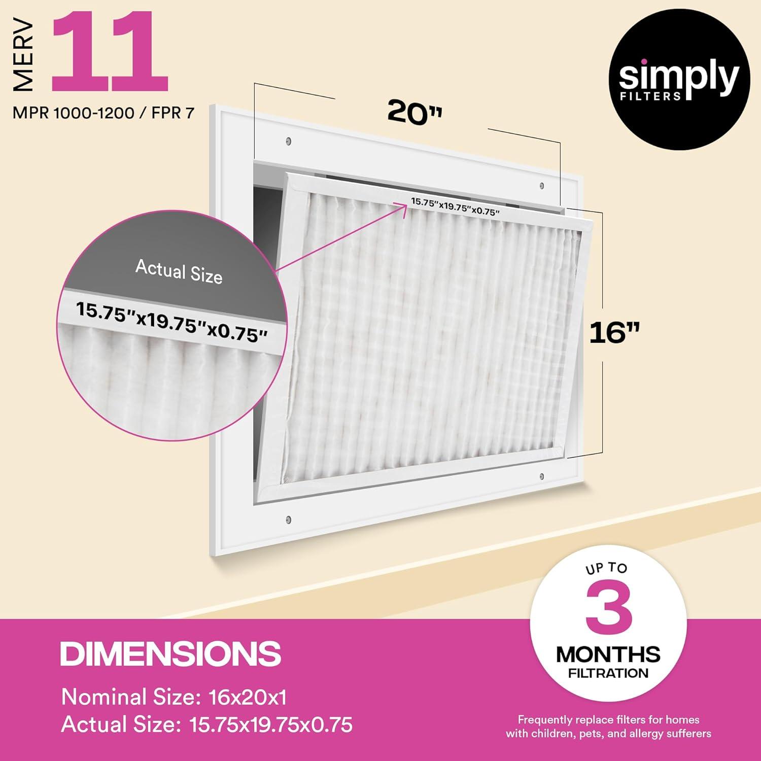 imageSimply 10x20x1 Air Filter MERV 11 MPR 1000 8 Pack Furnace Air Filter for HVAC Actual Size 975quotx1975quotx075quot DUST Pet ampamp Allergy Control16x20x1