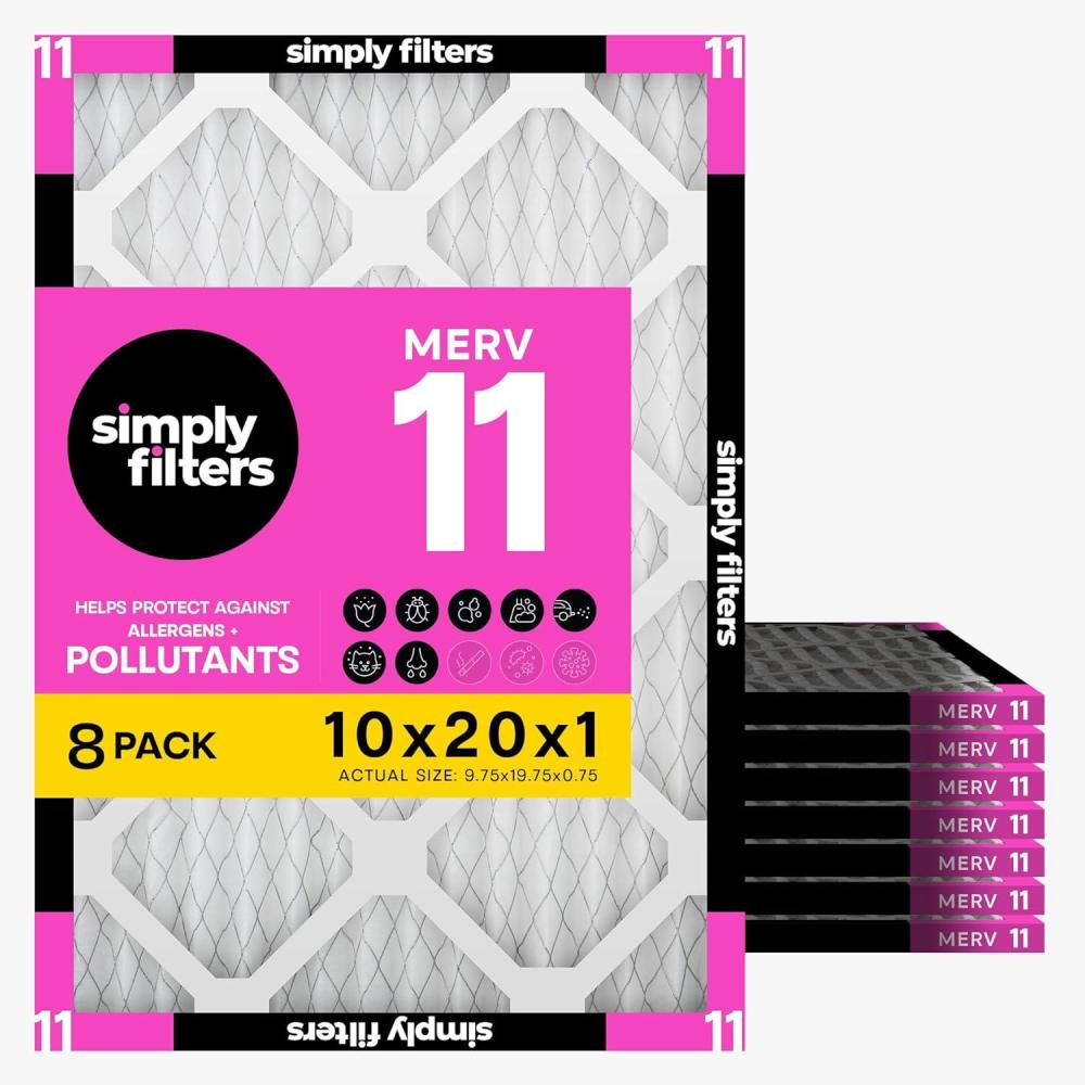 imageSimply 10x20x1 Air Filter MERV 11 MPR 1000 8 Pack Furnace Air Filter for HVAC Actual Size 975quotx1975quotx075quot DUST Pet ampamp Allergy Control10x20x1