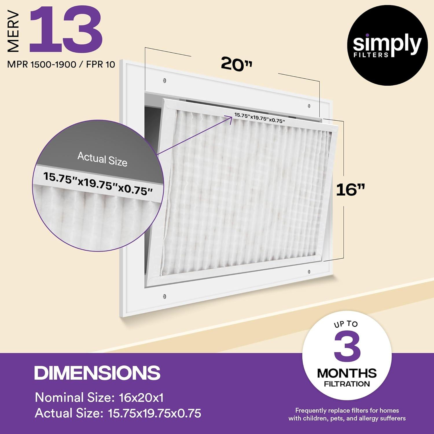 imageSimply 10x20x1 Air Filter MERV 13 MPR 1500 8 Pack Furnace Air Filter for HVAC Actual Size 975quotx1975quotx075quot DUST Pet ampamp Allergy Control16x20x1