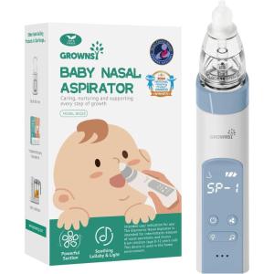 imageGROWNSY Nasal Aspirator for Baby Baby Nose Sucker Pro with 3 Soft Silicone Tips Adjustable Suction Electric Nose Suction for Baby Builtin Music ampamp Light SoothingBlue