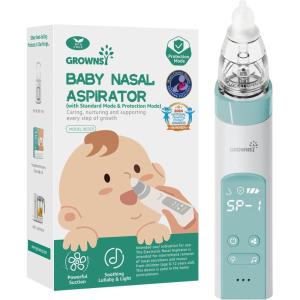 imageGROWNSY Nasal Aspirator for Baby Baby Nose Sucker Pro with 3 Soft Silicone Tips Adjustable Suction Electric Nose Suction for Baby Builtin Music ampamp Light SoothingLight Blue