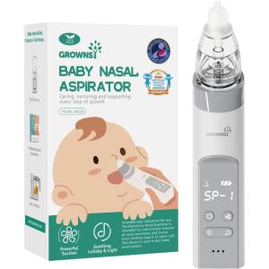 imageGROWNSY Nasal Aspirator for Baby Baby Nose Sucker Pro with 3 Soft Silicone Tips Adjustable Suction Electric Nose Suction for Baby Builtin Music ampamp Light SoothingGrey