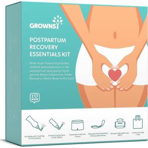 imageGrownsy Postpartum Essentials Recovery Kit for Labor ampamp Delivery  Postpartum Kit for Women  Includes Upside Down Peri Bottle Perineal Spray Cooling Pad Liners Ice Packs ampamp Disposable UnderwearFor Mom