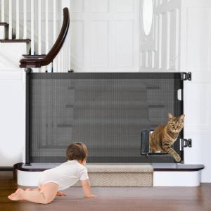 imageExtra Wide Retractable Baby Gate with Cat Door 100quot Wide Reinforced with Fiberglass 33quot Tall  Prevents Babies ampamp Pets from Crawling Under GrayBlack