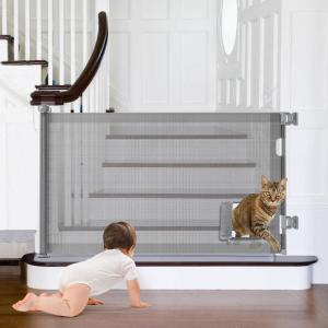 imageExtra Wide Retractable Baby Gate with Cat Door 100quot Wide Reinforced with Fiberglass 33quot Tall  Prevents Babies ampamp Pets from Crawling Under GrayGray