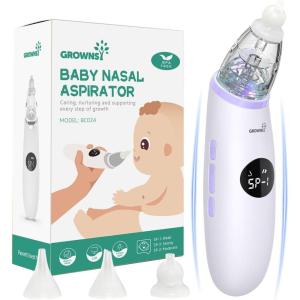 imageGROWNSY Nasal Aspirator for Baby  Baby Nose Sucker  Electric Nose Suction for Toddler Ergonomic Booger Sucker with 3 Silicone Tips Music ampamp Light Soothing FunctionWhitePurple