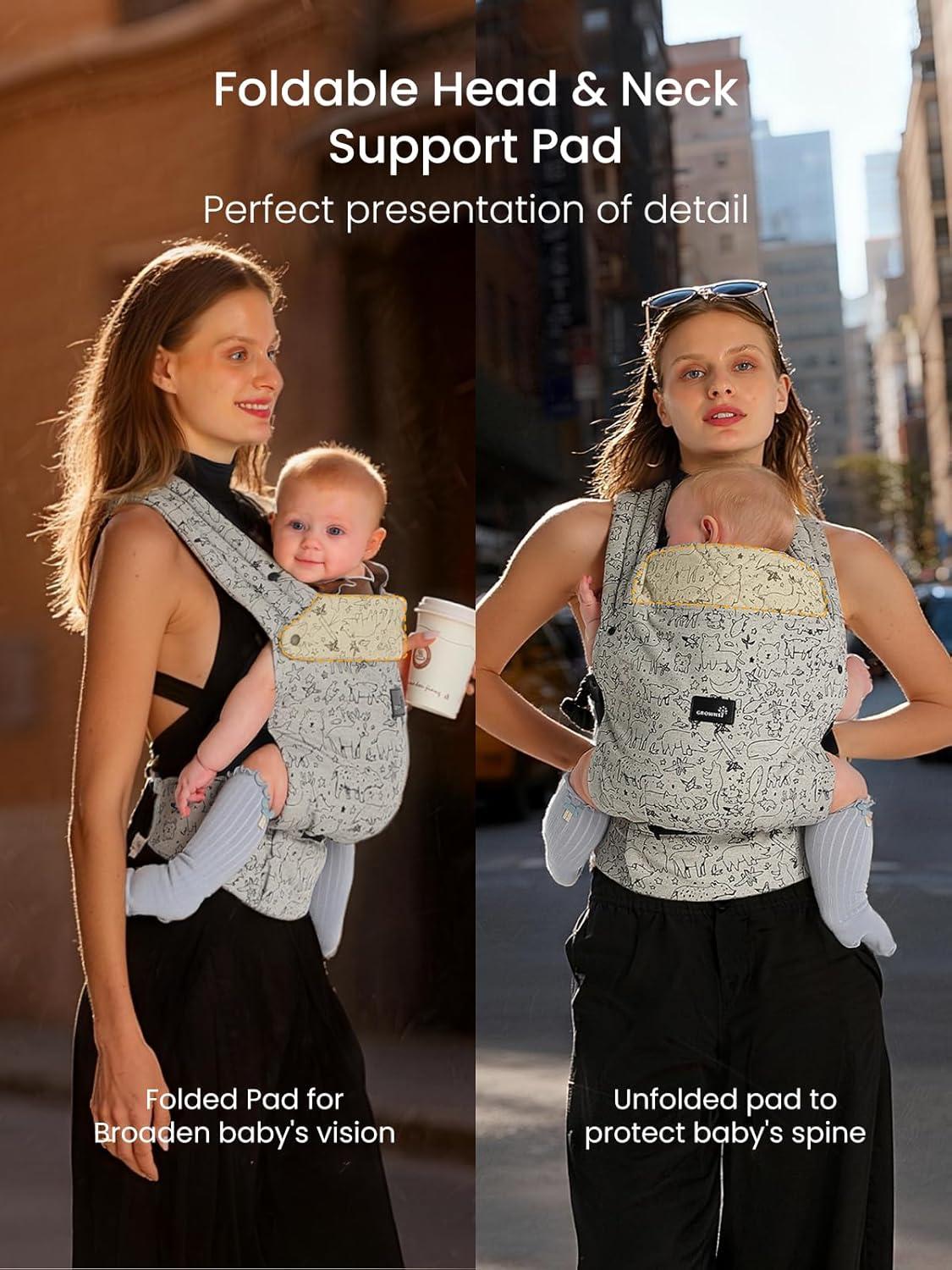 imageGROWNSY Baby Carrier Newborns to Toddlers Ergonomic Baby Toddler Carrier Wraps with Head Support Easy to Wear Infant Carrier Baby Gift Travel and Hiking Friendly 7 to 44 lb AnimalGrey