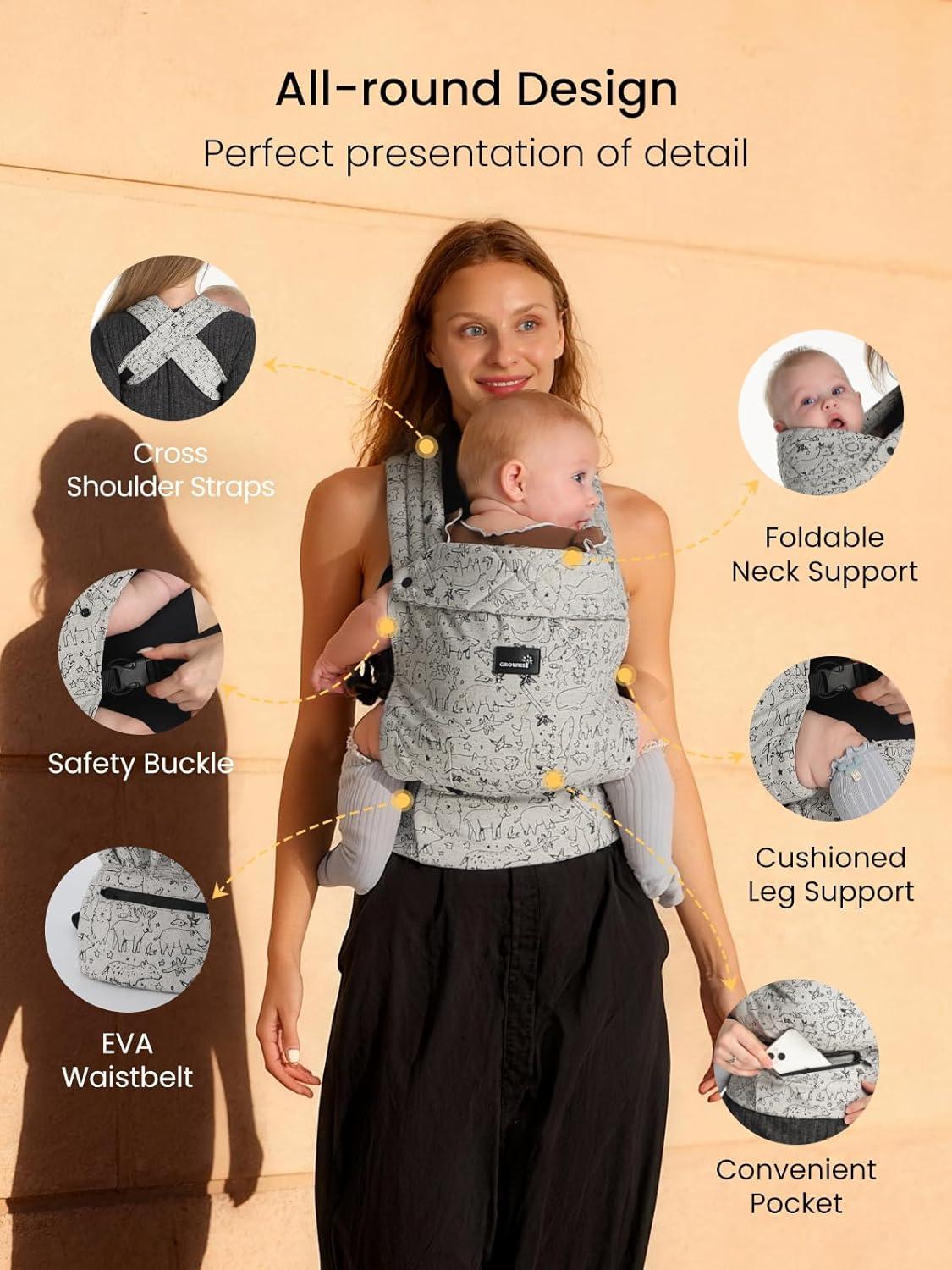 imageGROWNSY Baby Carrier Newborns to Toddlers Ergonomic Baby Toddler Carrier Wraps with Head Support Easy to Wear Infant Carrier Baby Gift Travel and Hiking Friendly 7 to 44 lb AnimalGrey