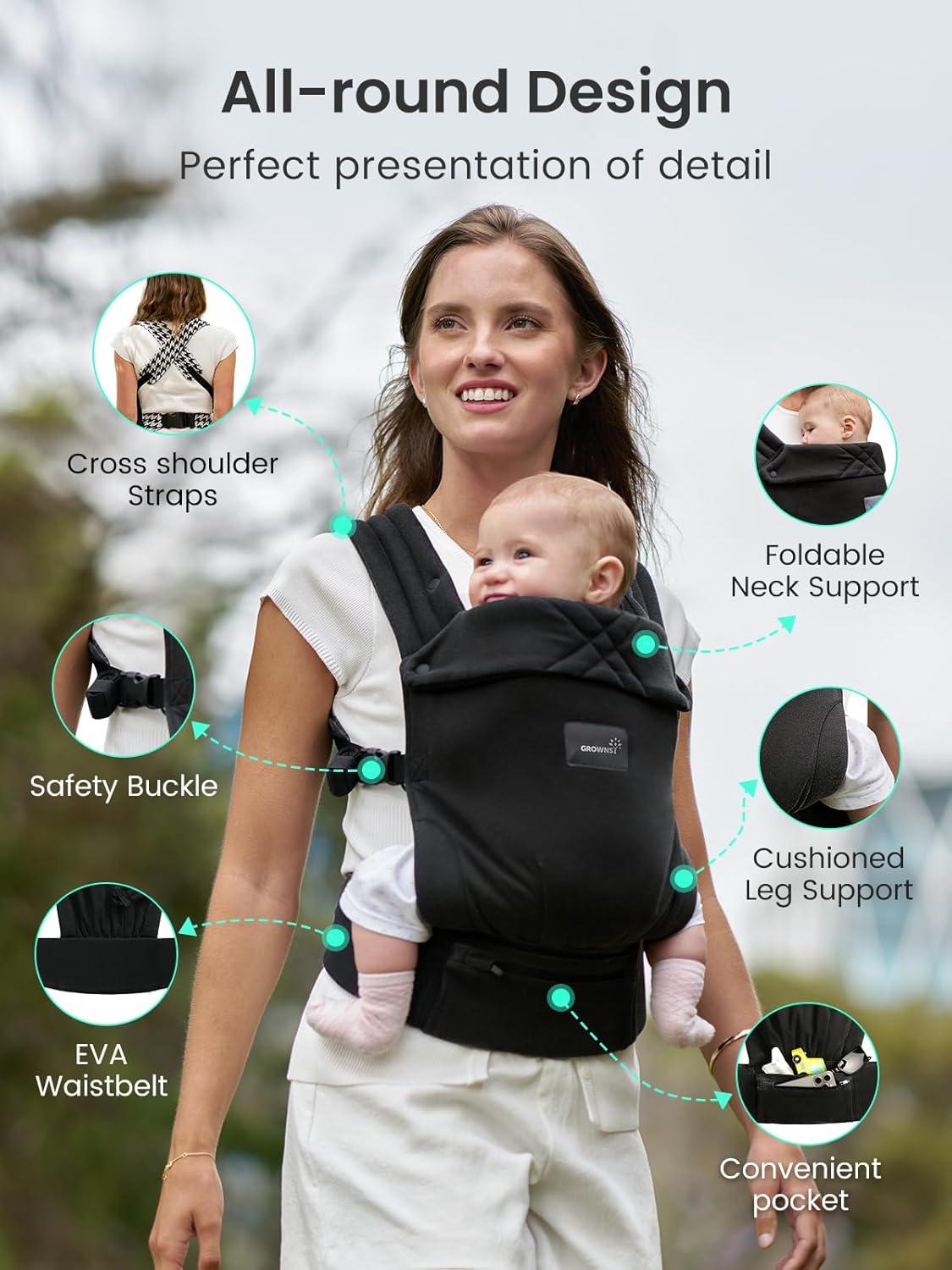imageGROWNSY Baby Carrier Newborns to Toddlers Ergonomic Baby Toddler Carrier Wraps with Head Support Easy to Wear Infant Carrier Baby Gift Travel and Hiking Friendly 7 to 44 lb AnimalBlack