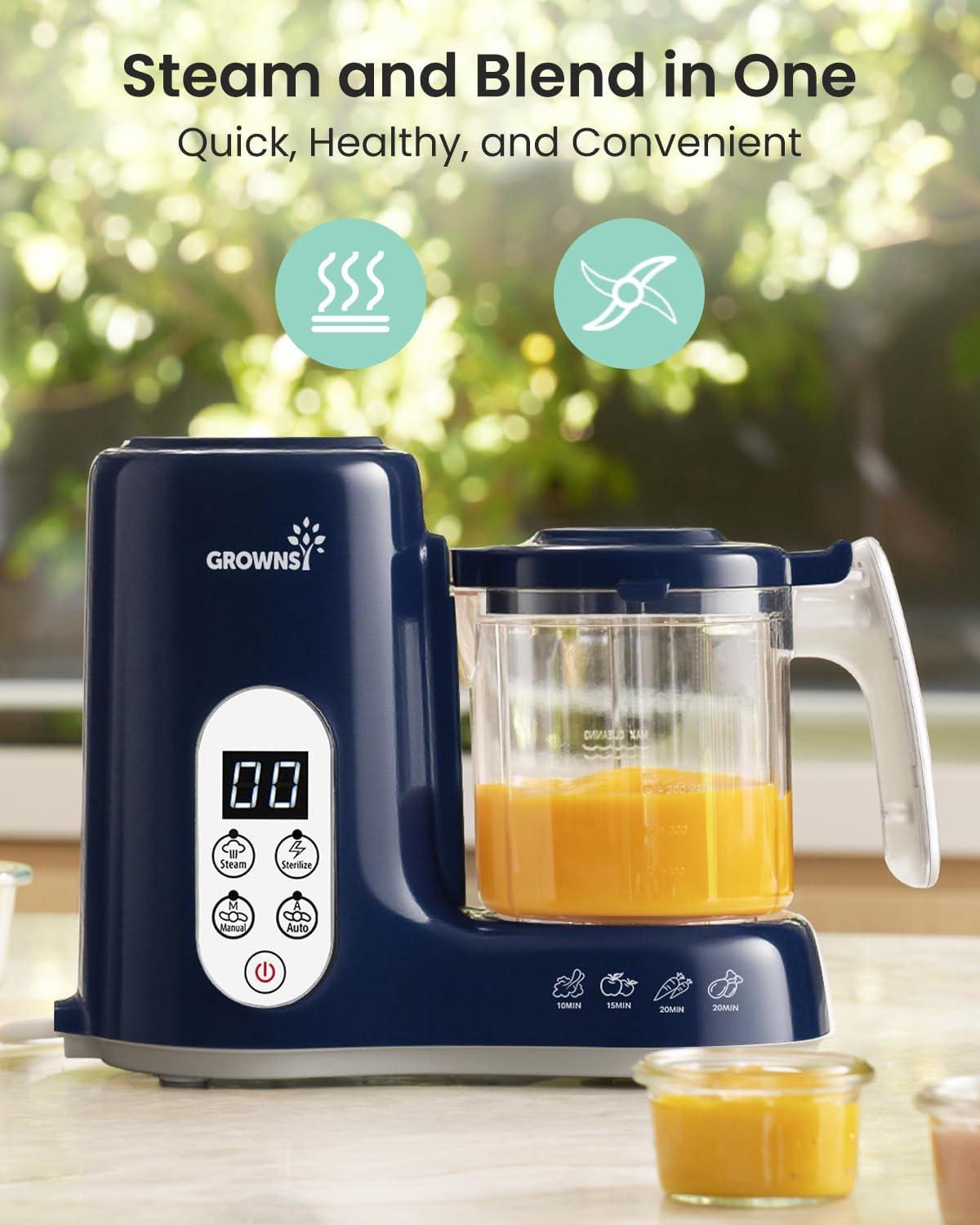 imageGROWNSY Baby Food Maker with Steam Basket One Step Baby Food Processor Steamer Puree Blender Grinder Mills Machine Auto Cooking Grinding and Sterilizing for Healthy Homemade Baby Food Dark GreyDark Blue
