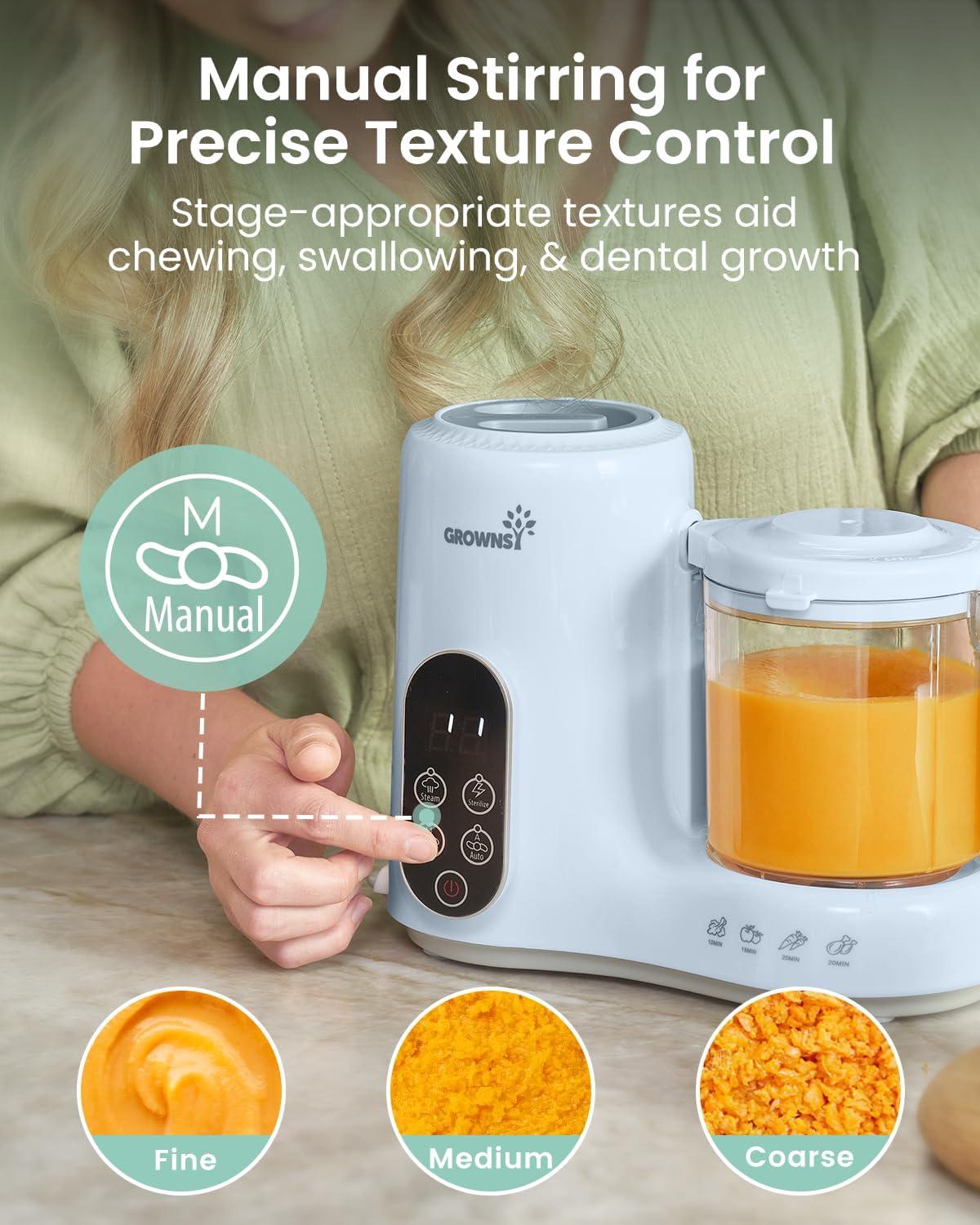 imageGROWNSY Baby Food Maker with Steam Basket One Step Baby Food Processor Steamer Puree Blender Grinder Mills Machine Auto Cooking Grinding and Sterilizing for Healthy Homemade Baby Food Dark GreyBlue