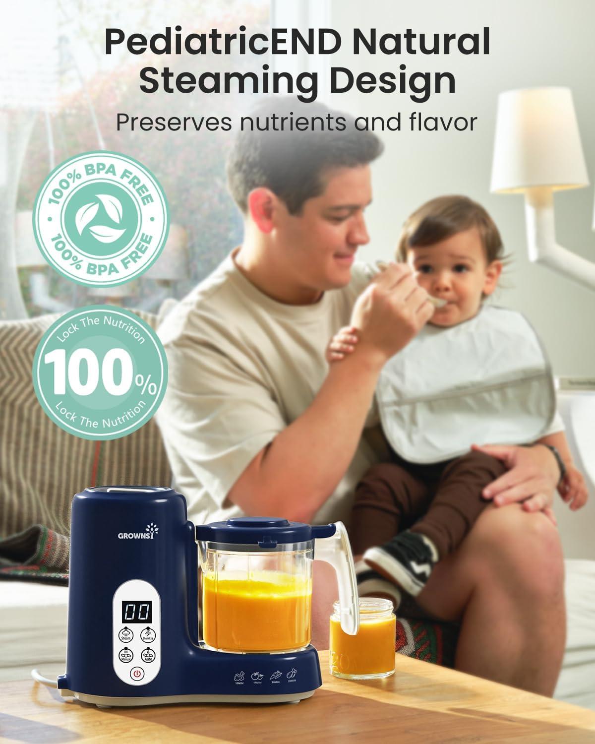 imageGROWNSY Baby Food Maker with Steam Basket One Step Baby Food Processor Steamer Puree Blender Grinder Mills Machine Auto Cooking Grinding and Sterilizing for Healthy Homemade Baby Food Dark GreyDark Blue