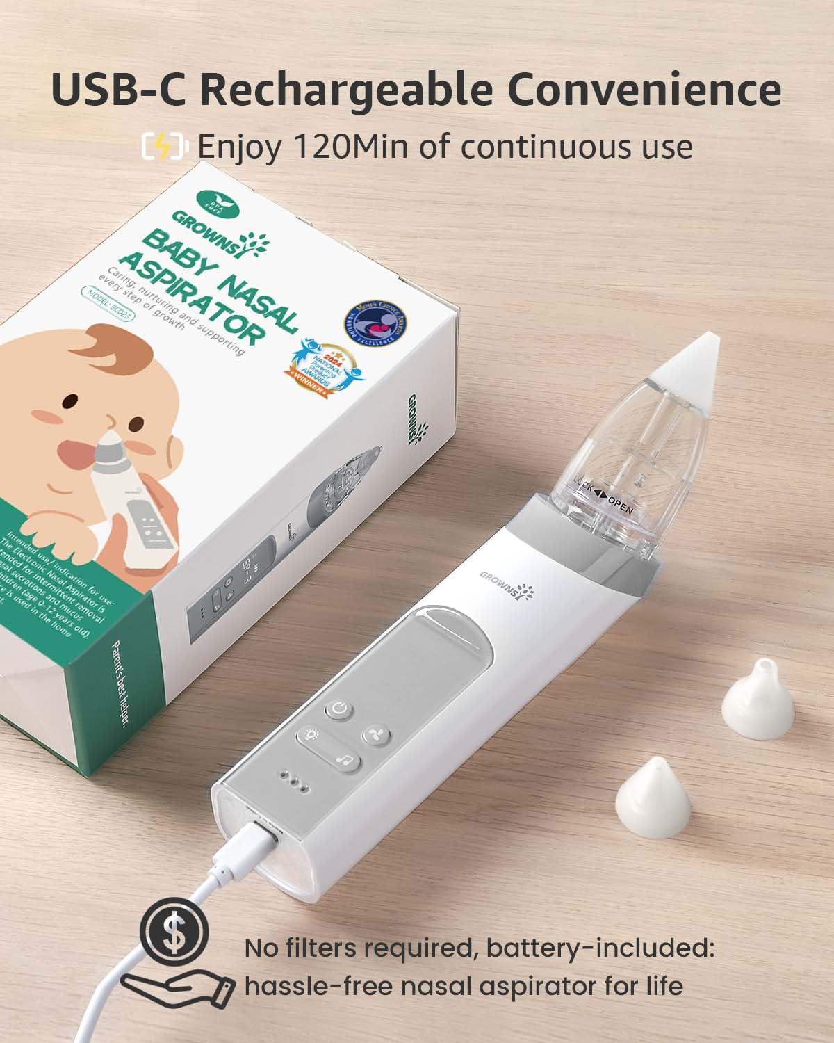 imageGROWNSY Nasal Aspirator for Baby 2in1 Electric Nose Spray ampamp Suction Baby Nose Sucker with Powerful Suction Music and Light Soothing Function PinkGrey