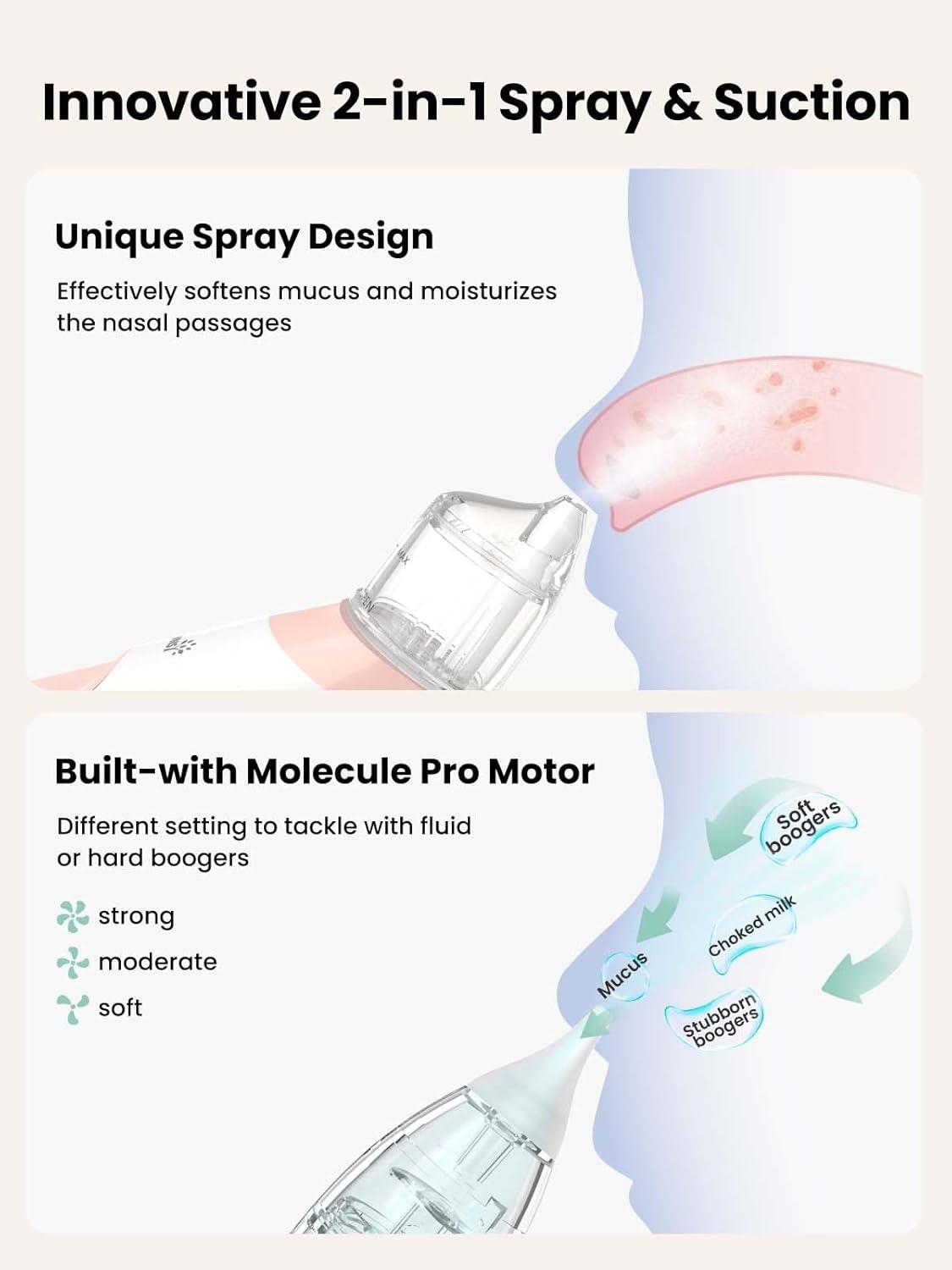 imageGROWNSY Nasal Aspirator for Baby 2in1 Electric Nose Spray ampamp Suction Baby Nose Sucker with Powerful Suction Music and Light Soothing Function PinkPink
