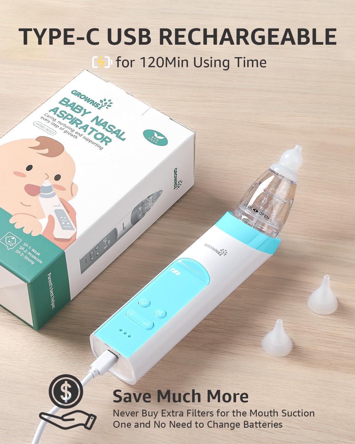 imageGROWNSY Nasal Aspirator for Baby 2in1 Electric Nose Spray ampamp Suction Baby Nose Sucker with Powerful Suction Music and Light Soothing Function PinkLight Blue