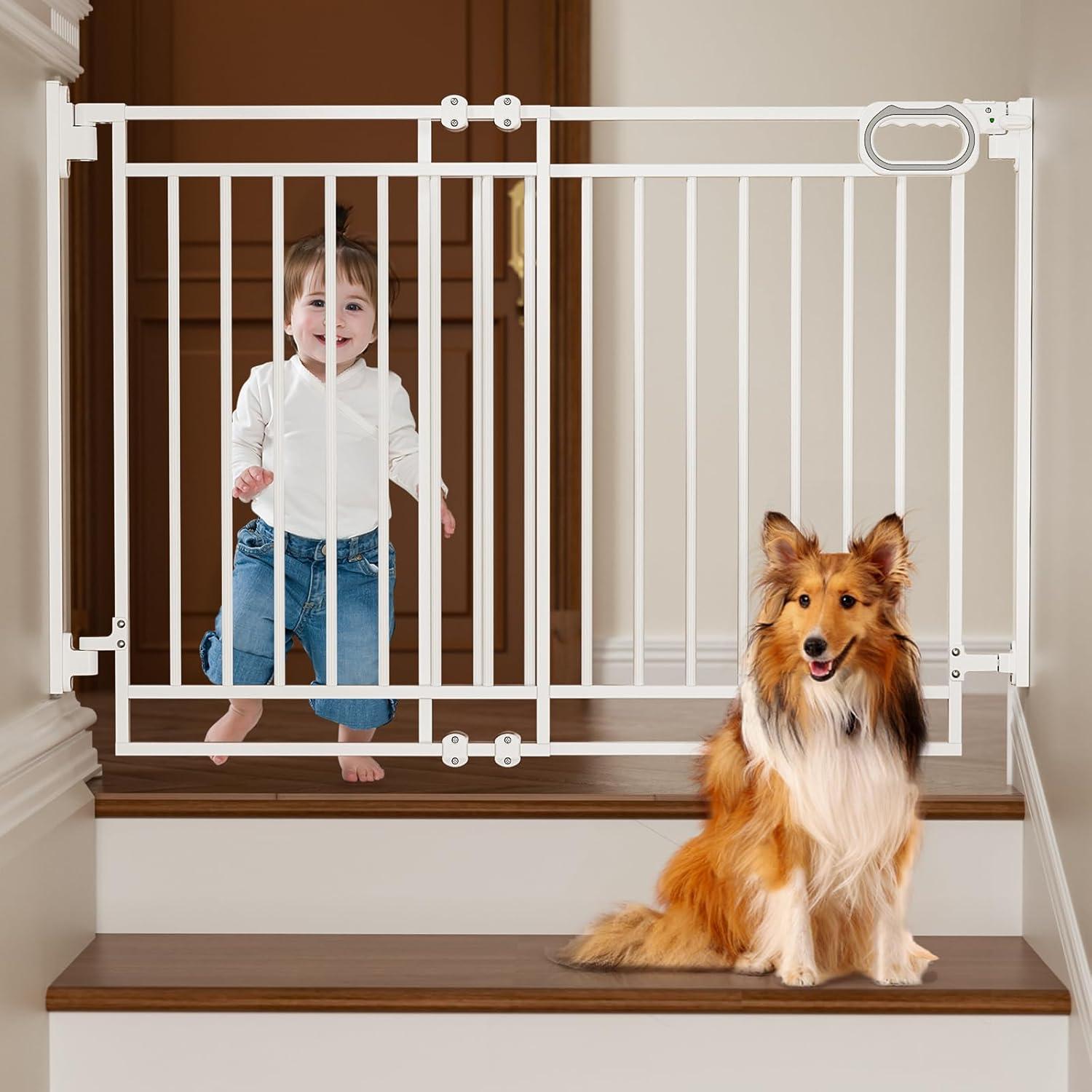 imageGrownsy Gate for Stairs No Bottom Bar Baby Gates Adjustable Width 32 to 48 for Child and Pet Dog Gate with AutoClose ampamp OneHand Operation ScrewIn Installation for Doorways and Indoor UseBlackWhite