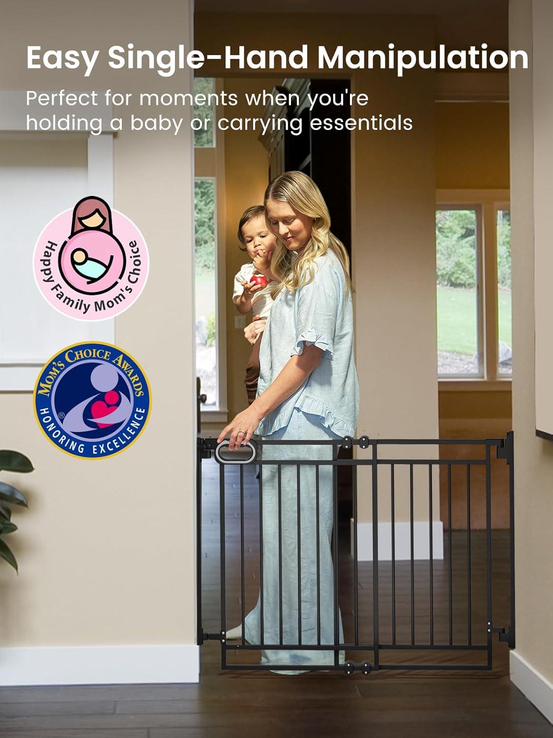 imageGrownsy Gate for Stairs No Bottom Bar Baby Gates Adjustable Width 32 to 48 for Child and Pet Dog Gate with AutoClose ampamp OneHand Operation ScrewIn Installation for Doorways and Indoor UseBlackBlack