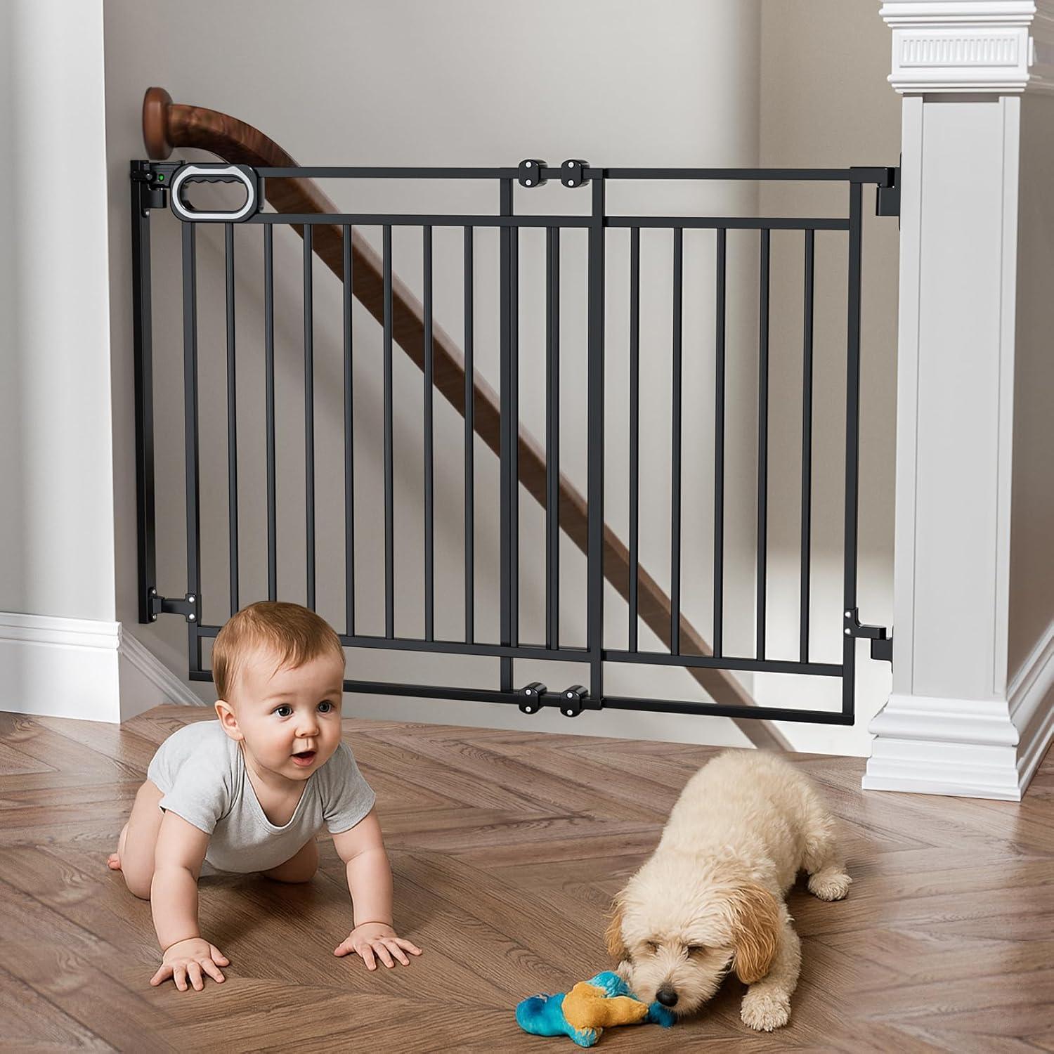 imageGrownsy Gate for Stairs No Bottom Bar Baby Gates Adjustable Width 32 to 48 for Child and Pet Dog Gate with AutoClose ampamp OneHand Operation ScrewIn Installation for Doorways and Indoor UseBlackBlack