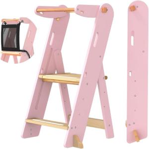 imageGROWNSY Foldable Step Stool Toddler Tower Toddler Kitchen Stool Helper Collapsible Kids Standing Tower with 3 Adjustable Heights and Safety Net for Kitchen Bathroom Sink Counter PinkPink