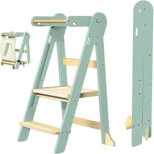 image:imageGrownsy Foldable Step Stool Toddler Tower Toddler Kitchen Stool Helper Collapsible Kids Standing Tower with 3 Adjustable Heights for Kitchen Bathroom Sink Counter WhiteGreen