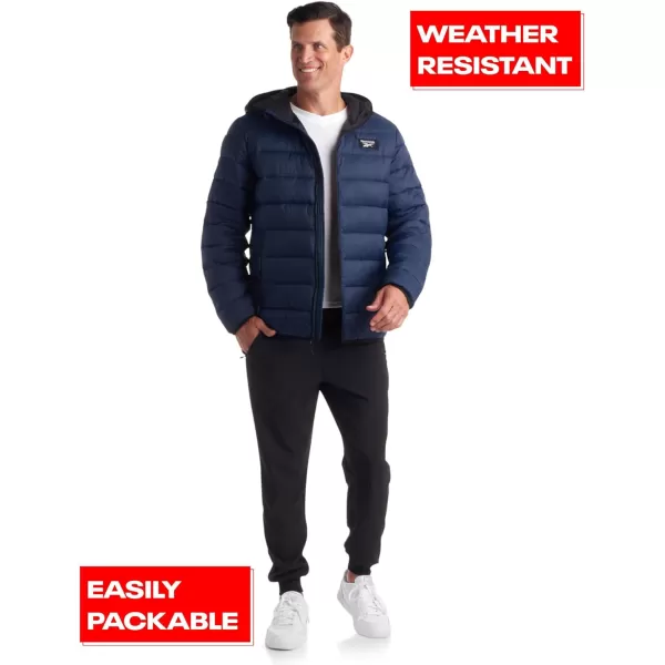 imageReebok Mens Jacket  Lightweight Hooded Quilted Puffer Coat  Warm Insulated Winter Jacket for Men MXXLVector Navy