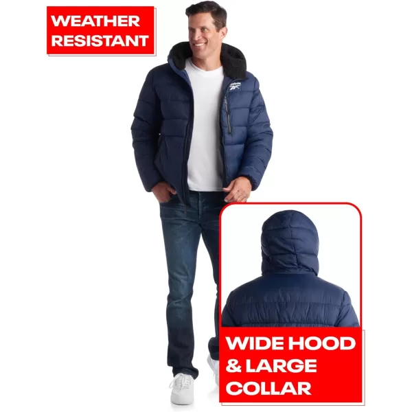 imageReebok Mens Winter Jacket  Heavyweight Quilted Puffer Parka Coat  Ski Jacket for Men Sherpa Lined Hood SXLVector Navy