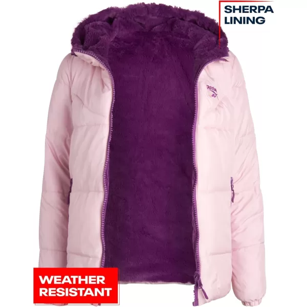 imageReebok Womens Winter Jacket  Reversible Teddy Sherpa Puffer  Heavyweight Quilted Windbreaker Parka Coat for Women SXLMauvePurple