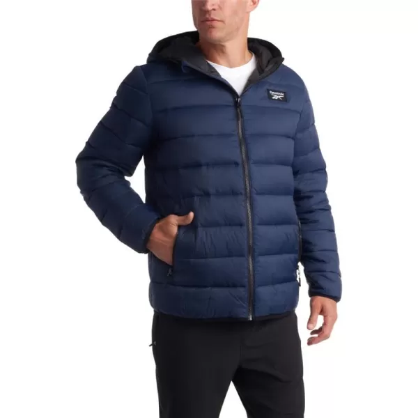 imageReebok Mens Jacket  Lightweight Hooded Quilted Puffer Coat  Warm Insulated Winter Jacket for Men MXXLVector Navy