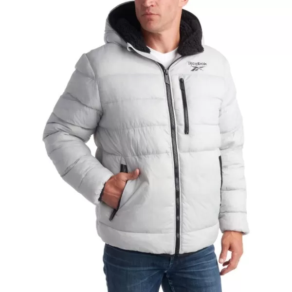 imageReebok Mens Winter Jacket  Heavyweight Quilted Puffer Parka Coat  Ski Jacket for Men Sherpa Lined Hood SXLPure Grey