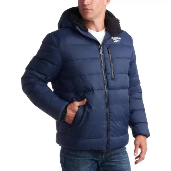 imageReebok Mens Winter Jacket  Heavyweight Quilted Puffer Parka Coat  Ski Jacket for Men Sherpa Lined Hood SXLVector Navy