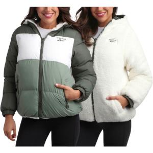 imageReebok Womens Winter Jacket  Reversible Quilted Puffer Coat with Sherpa Fleece Lining  Reversible Jacket for Women SXLSage