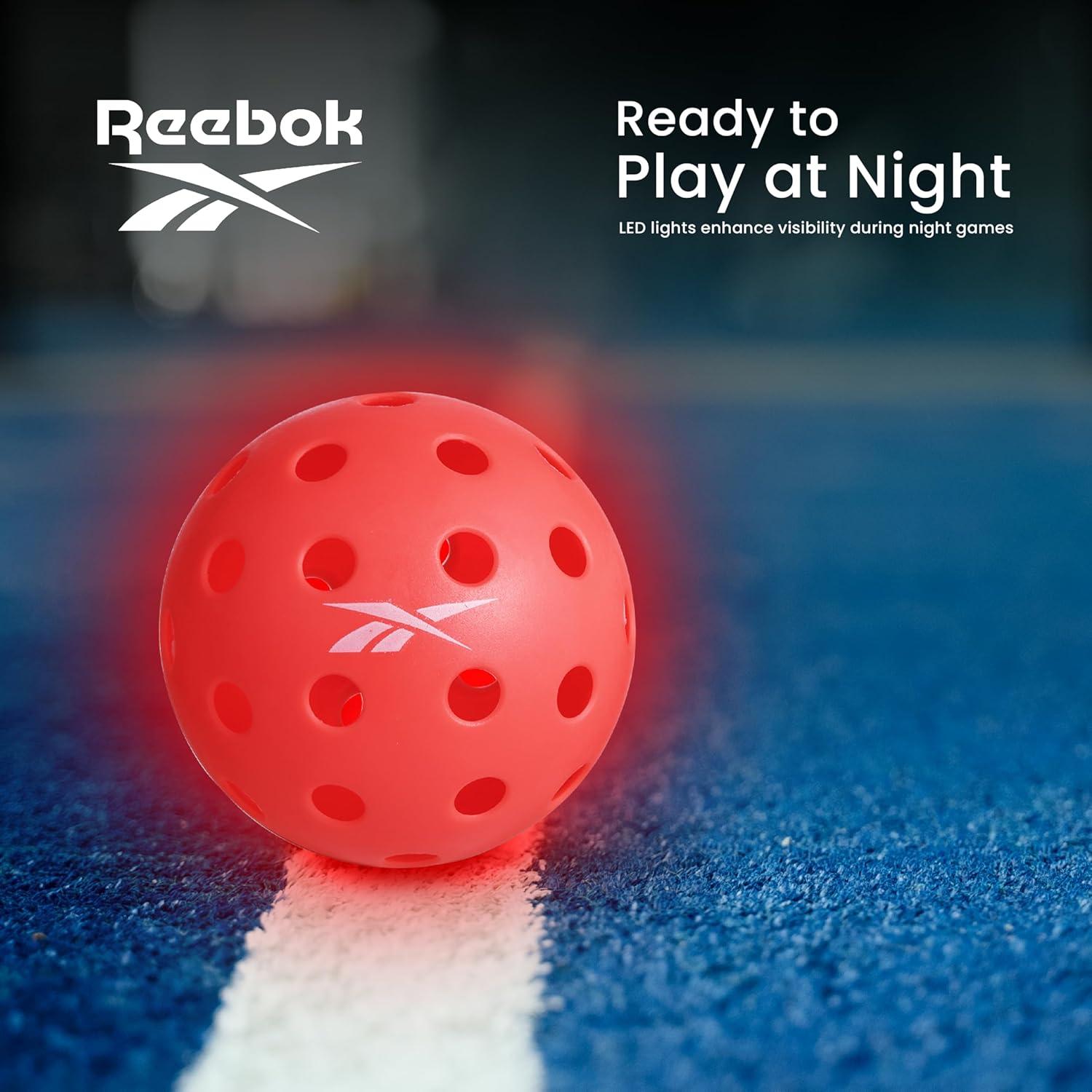 imageReebok  LED Pickleball Set HighBounce Outdoor Pickleballs with Precision 40 Hole Pattern Perfect for Night Time PlayRed