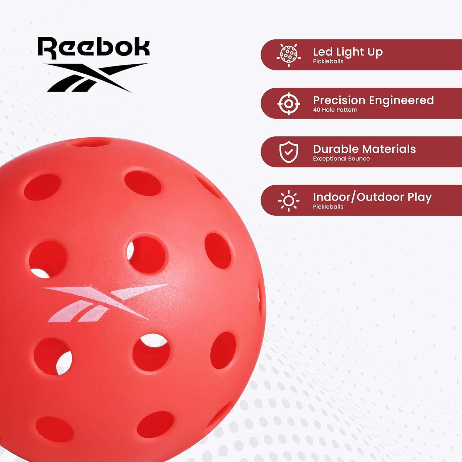 imageReebok  LED Pickleball Set HighBounce Outdoor Pickleballs with Precision 40 Hole Pattern Perfect for Night Time PlayRed