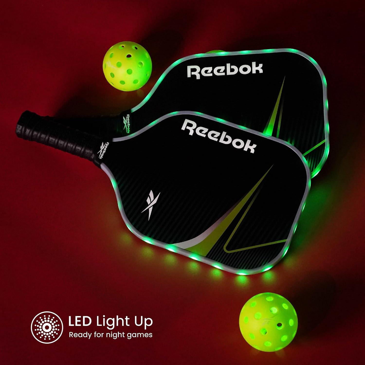 imageReebok  LED Pickleball Set for 2 Includes 2 Fiberglass Paddles with 5quot Cushion Grip and 2 LightUp Balls Perfect for Night Play RedGreen