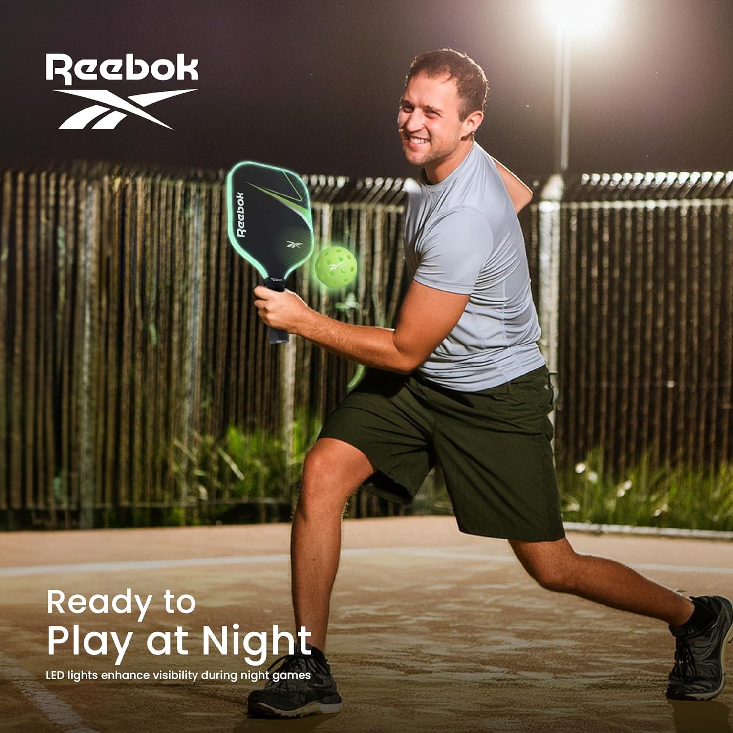 imageReebok  LED Pickleball Set for 2 Includes 2 Fiberglass Paddles with 5quot Cushion Grip and 2 LightUp Balls Perfect for Night Play RedGreen