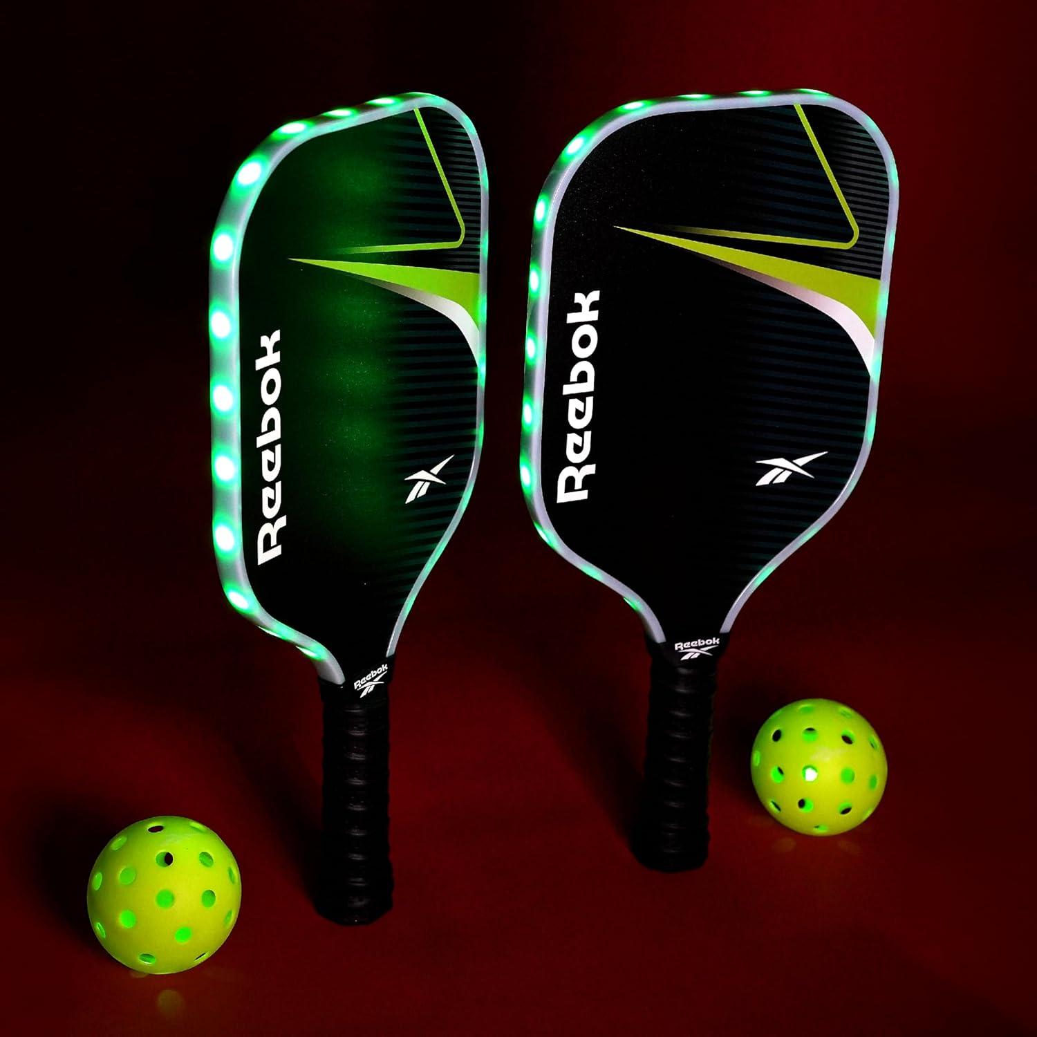 imageReebok  LED Pickleball Set for 2 Includes 2 Fiberglass Paddles with 5quot Cushion Grip and 2 LightUp Balls Perfect for Night Play RedGreen