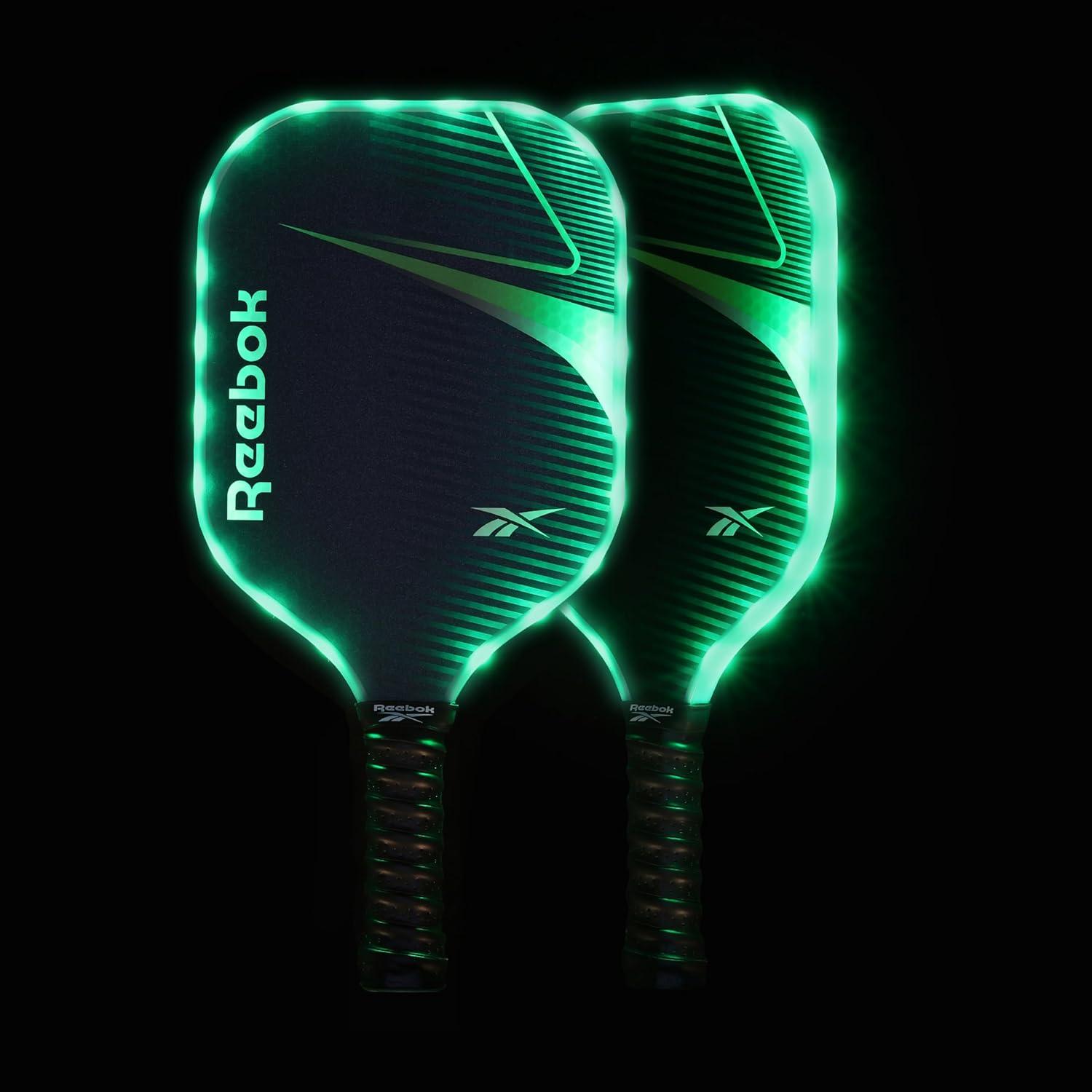 imageReebok  LED Pickleball Set for 2 Includes 2 Fiberglass Paddles with 5quot Cushion Grip and 2 LightUp Balls Perfect for Night Play RedGreen