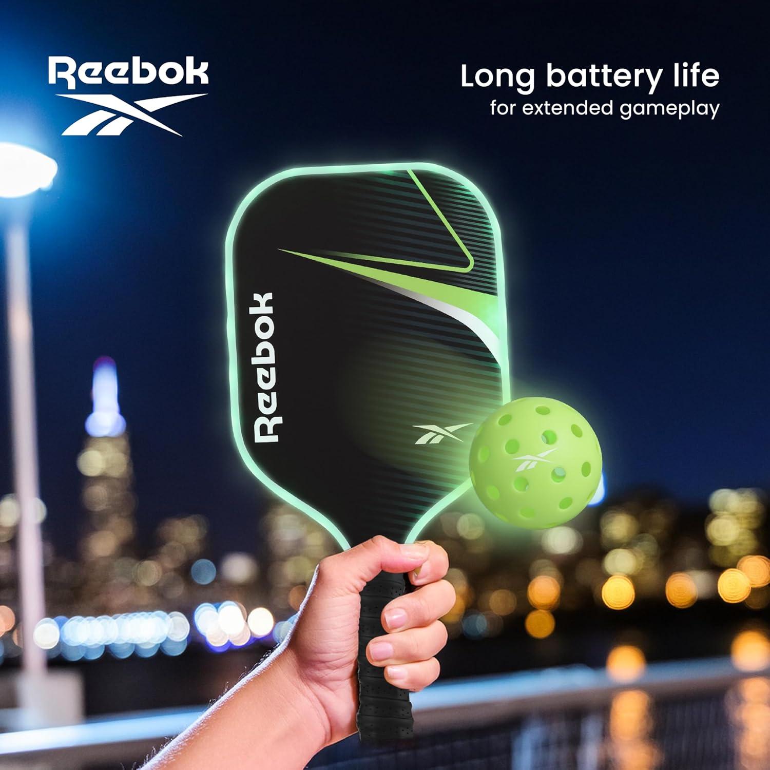 imageReebok  LED Pickleball Set for 2 Includes 2 Fiberglass Paddles with 5quot Cushion Grip and 2 LightUp Balls Perfect for Night Play RedGreen