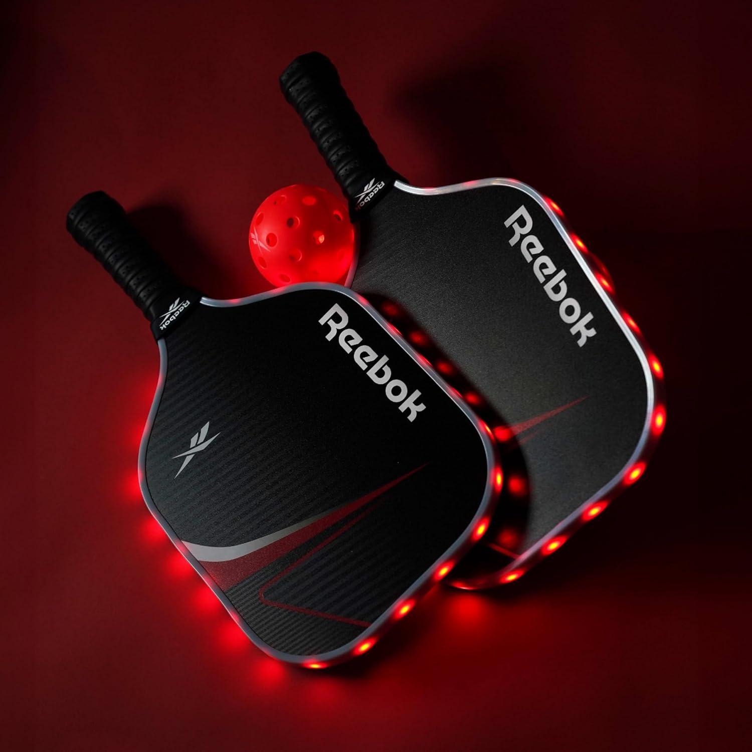 imageReebok  LED Pickleball Set for 2 Includes 2 Fiberglass Paddles with 5quot Cushion Grip and 2 LightUp Balls Perfect for Night Play RedRed