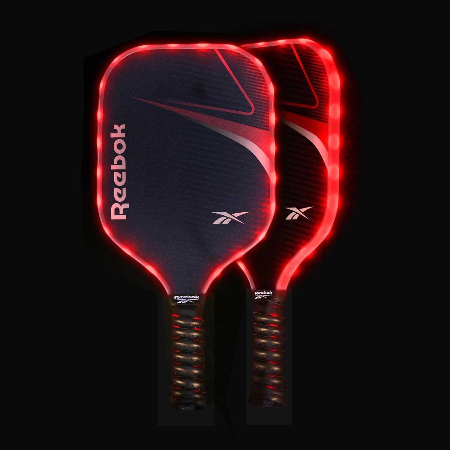 imageReebok  LED Pickleball Set for 2 Includes 2 Fiberglass Paddles with 5quot Cushion Grip and 2 LightUp Balls Perfect for Night Play RedRed