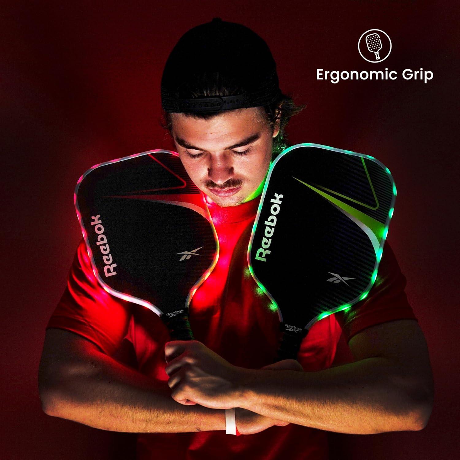 imageReebok  LED Pickleball Set for 2 Includes 2 Fiberglass Paddles with 5quot Cushion Grip and 2 LightUp Balls Perfect for Night Play RedRed