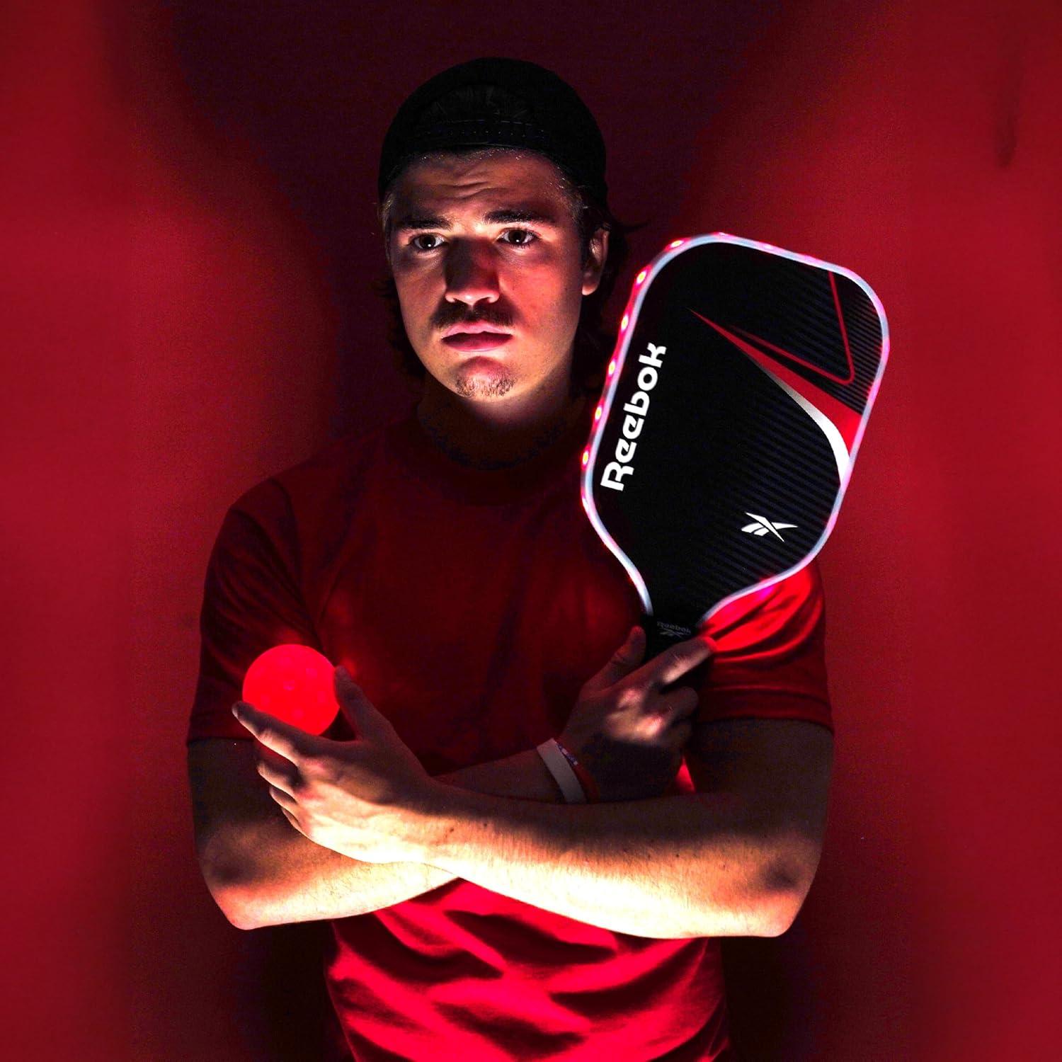imageReebok  LED Pickleball Set for 2 Includes 2 Fiberglass Paddles with 5quot Cushion Grip and 2 LightUp Balls Perfect for Night Play RedRed