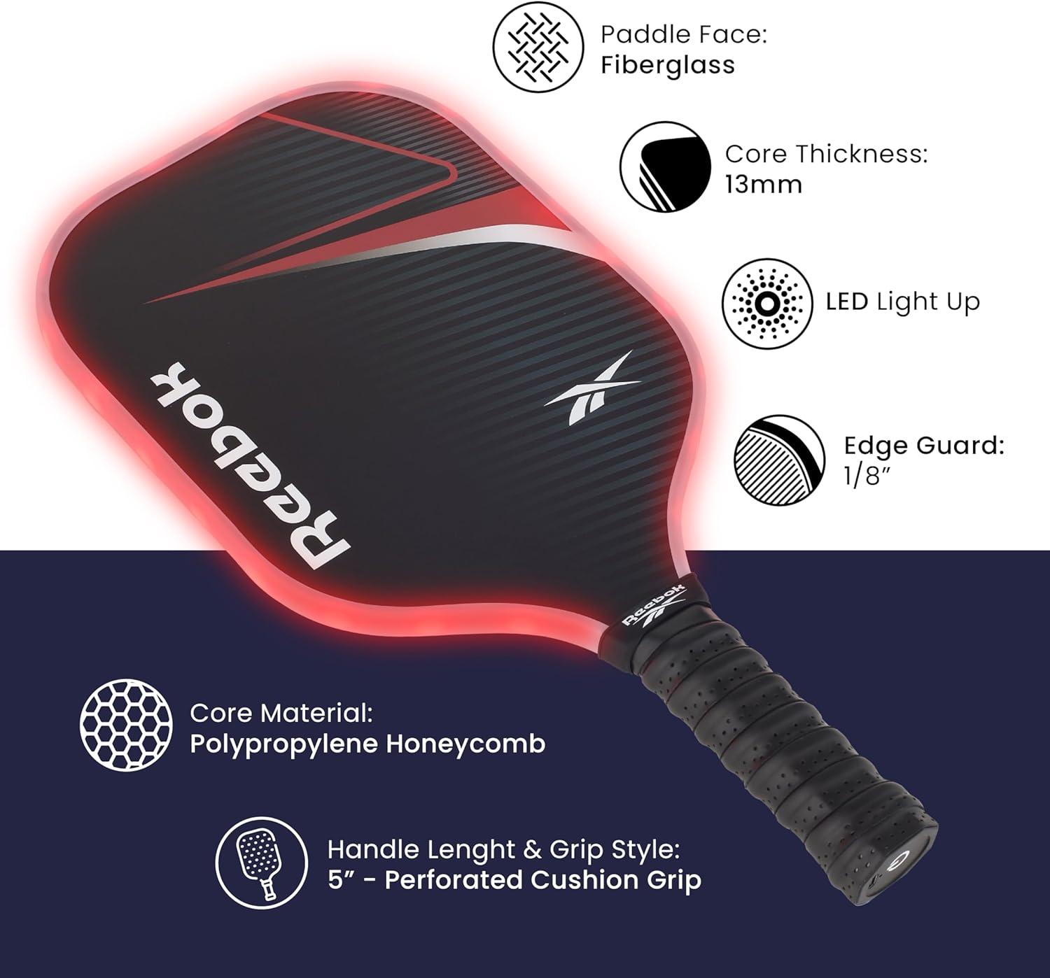 imageReebok  LED Pickleball Set for 2 Includes 2 Fiberglass Paddles with 5quot Cushion Grip and 2 LightUp Balls Perfect for Night Play RedRed