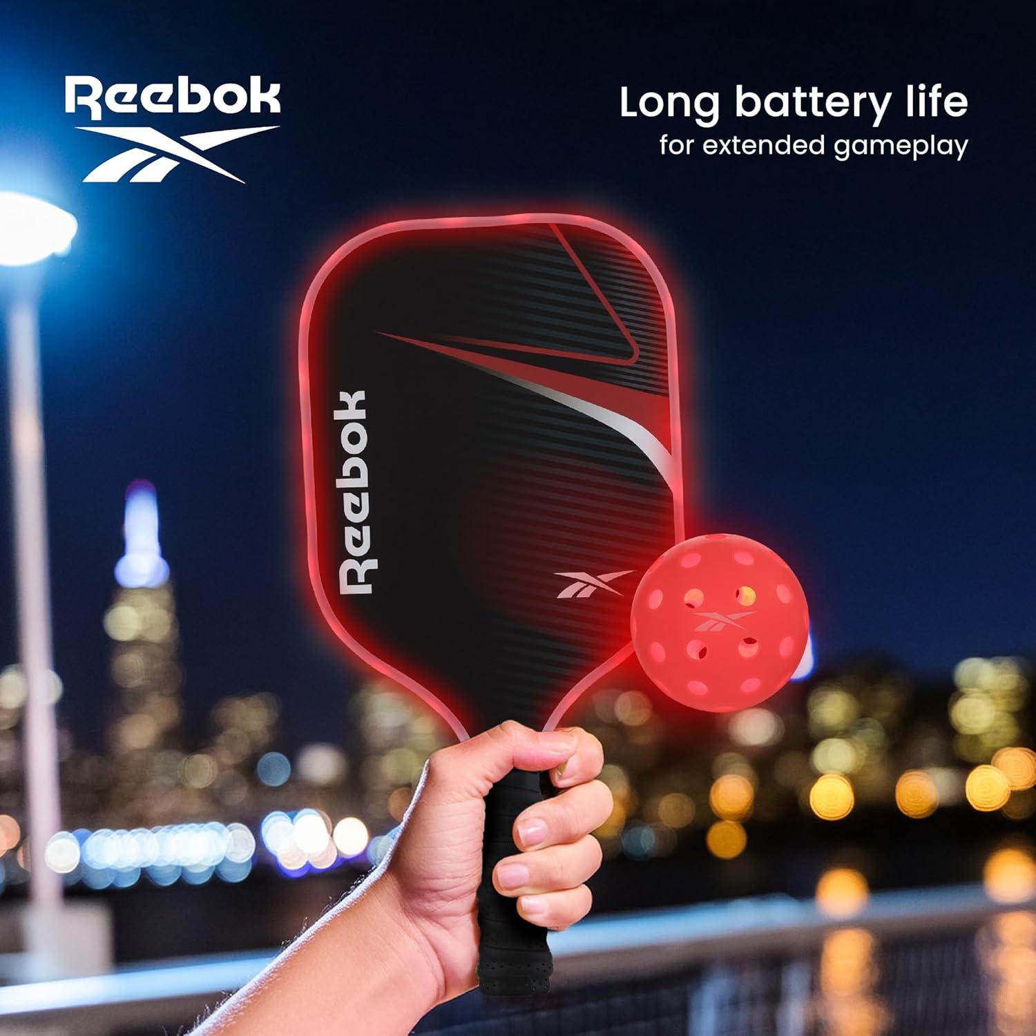 imageReebok  LED Pickleball Set for 2 Includes 2 Fiberglass Paddles with 5quot Cushion Grip and 2 LightUp Balls Perfect for Night Play RedRed