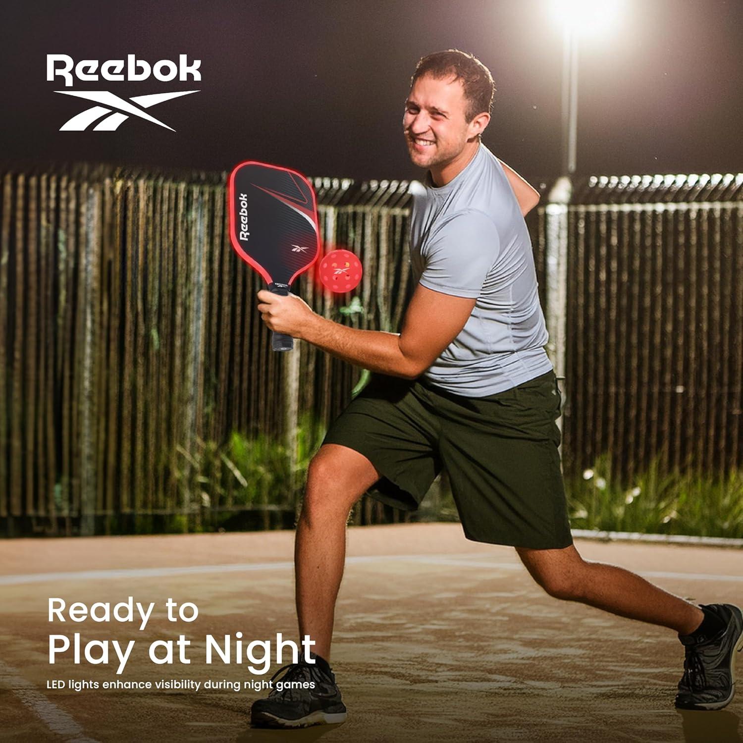 imageReebok  LED Pickleball Set for 2 Includes 2 Fiberglass Paddles with 5quot Cushion Grip and 2 LightUp Balls Perfect for Night Play RedRed
